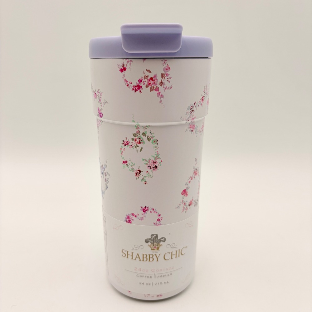 Shabby Chic 24oz Rachel Ashwell Cortado Coffee Tumbler Floral Heart Travel Mug